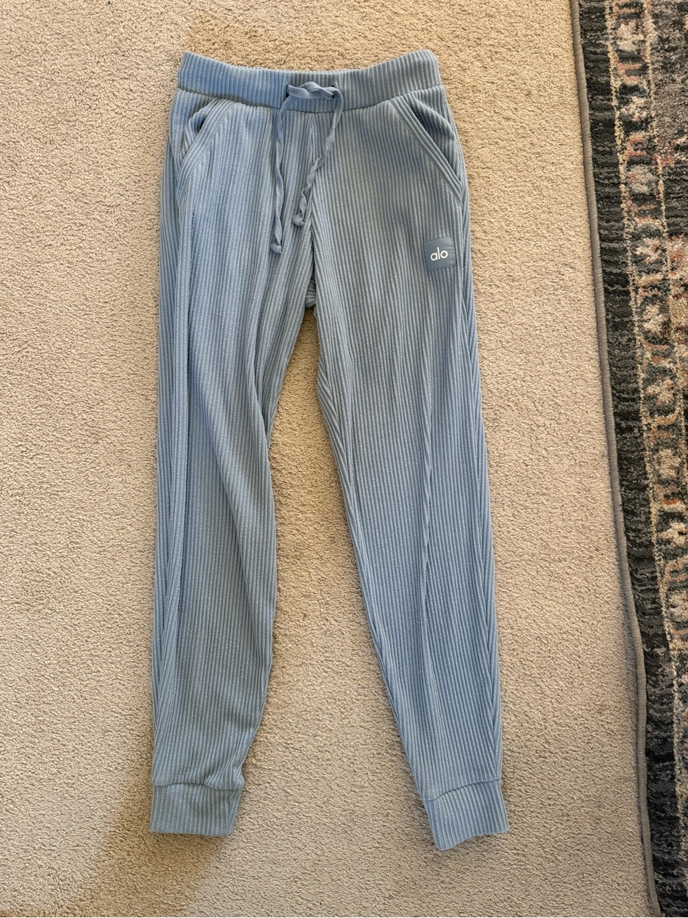 ALO Muse Ribbed Light Blue Drawstring Joggers - Picture 2 of 5